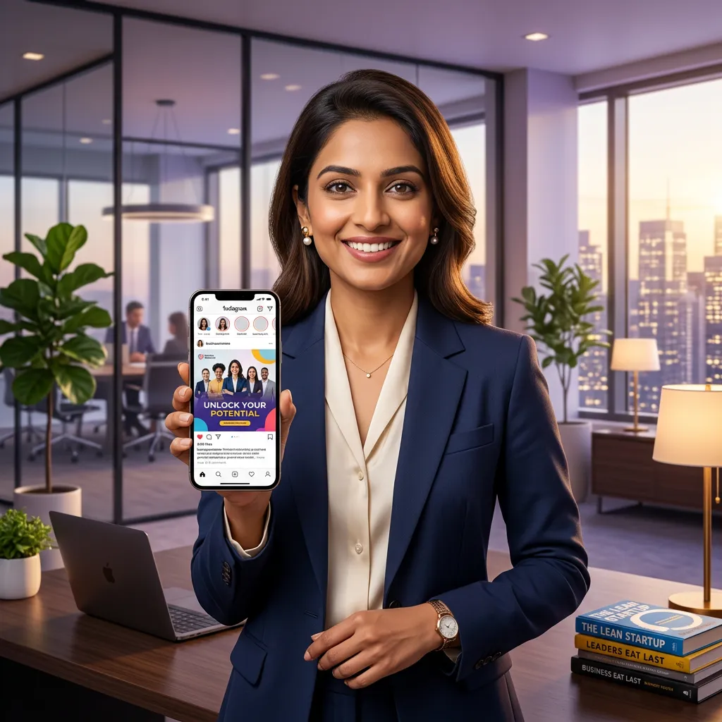Businesswoman in her office showing an Instagram post made with Adskel